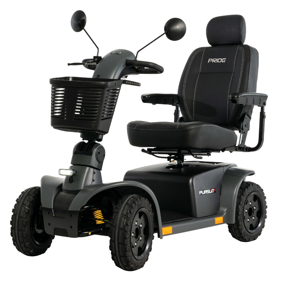 The Pride Mobility Pursuit® 2 Offroad HD Scooter is a durable black and grey outdoor scooter with four rugged wheels, front basket, rearview mirrors, padded seat with headrest, and armrests—perfect for off-road use.